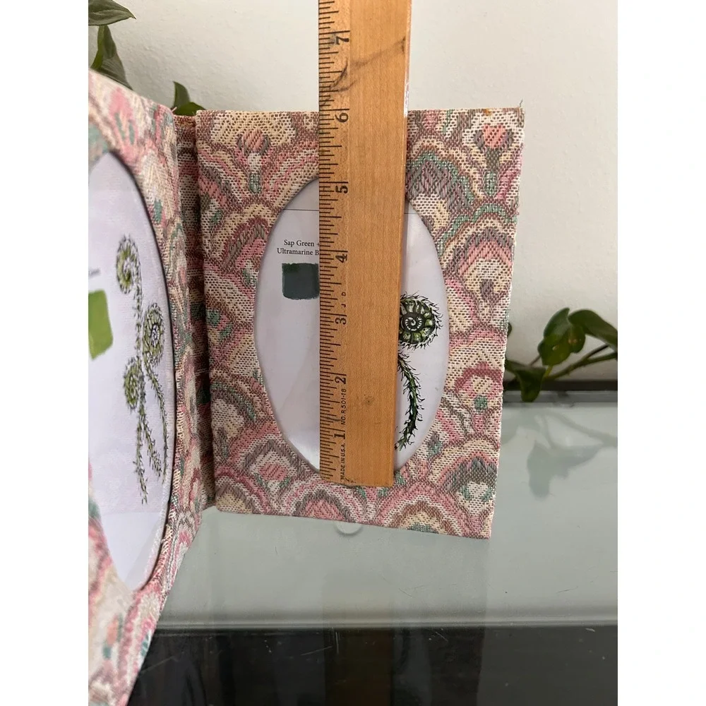 Vintage Tapestry Double Folding Photo Frame Pink Green Woven Fabric 5x7 Oval